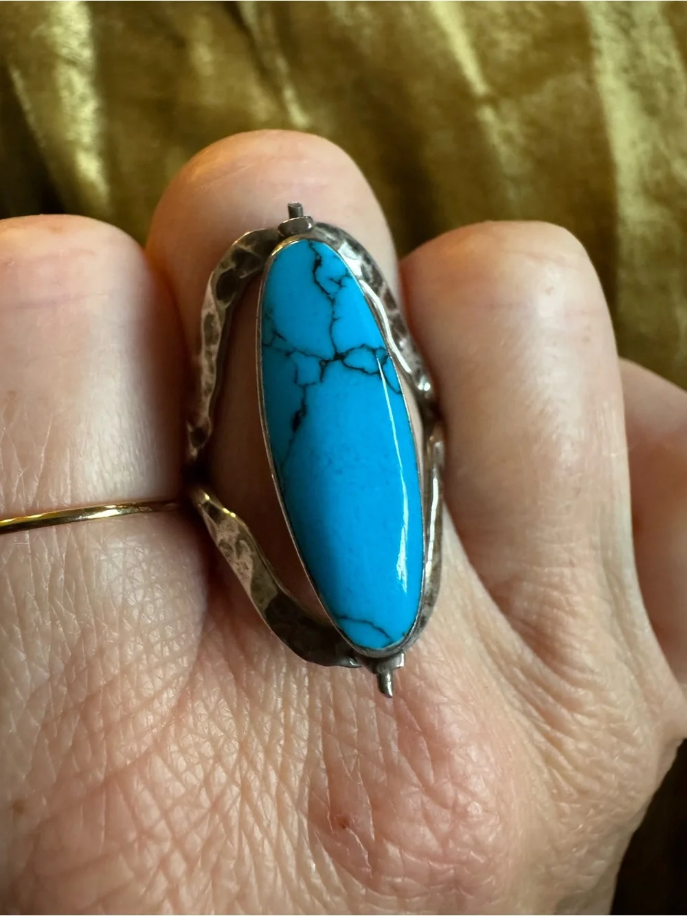 Turquoise & Amber Stone Silver Ring - Bright Blue Oval Statement